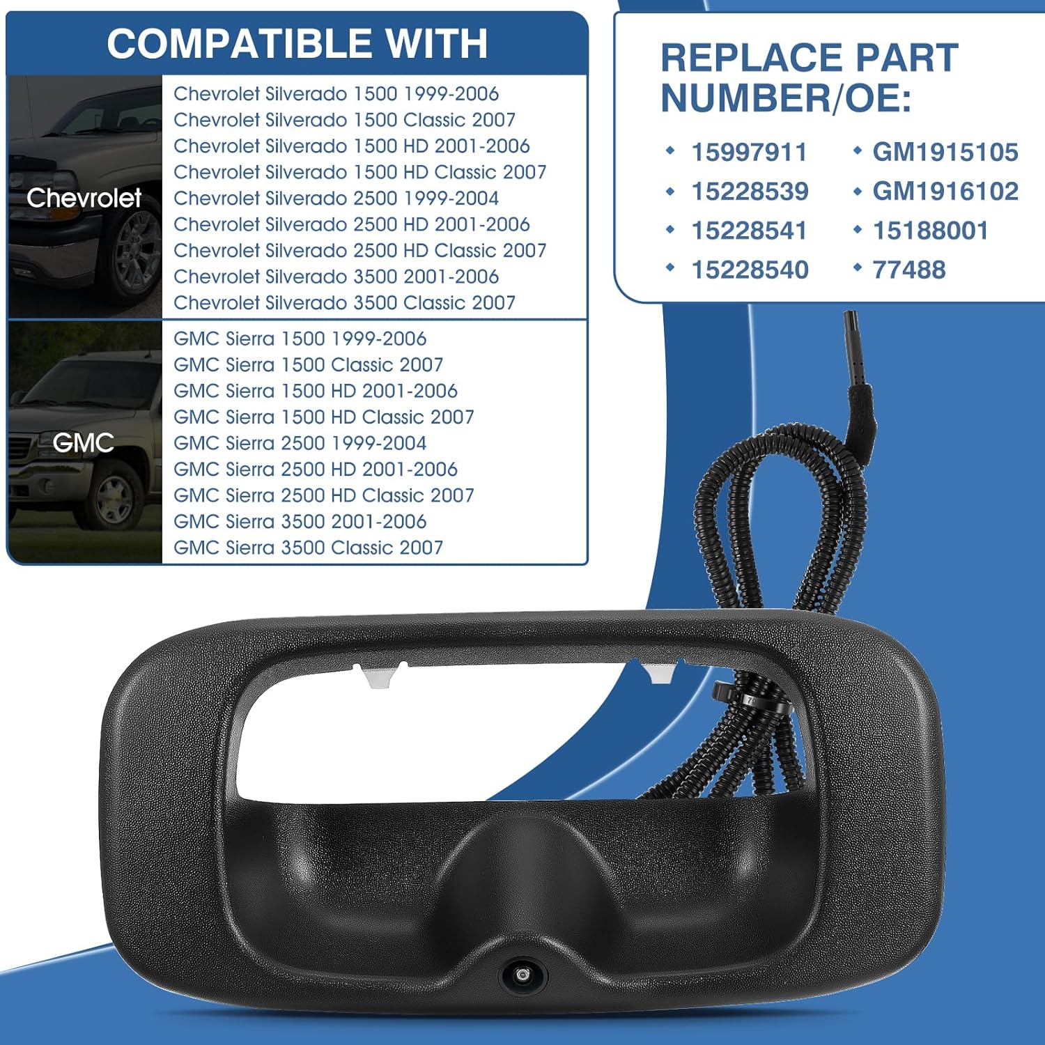ORANGLES Tailgate Handle Backup Camera – Compatible with Chevy Silverado & GMC Sierra 1500/2500/3500 HD (1999–2007 Classic) Rear View Park Assist Camera RCA Plug Replacement 15228539 - angled perspective - Image 4 of 4 | excellent for daily use | New York | Free Shipping ORANGLES