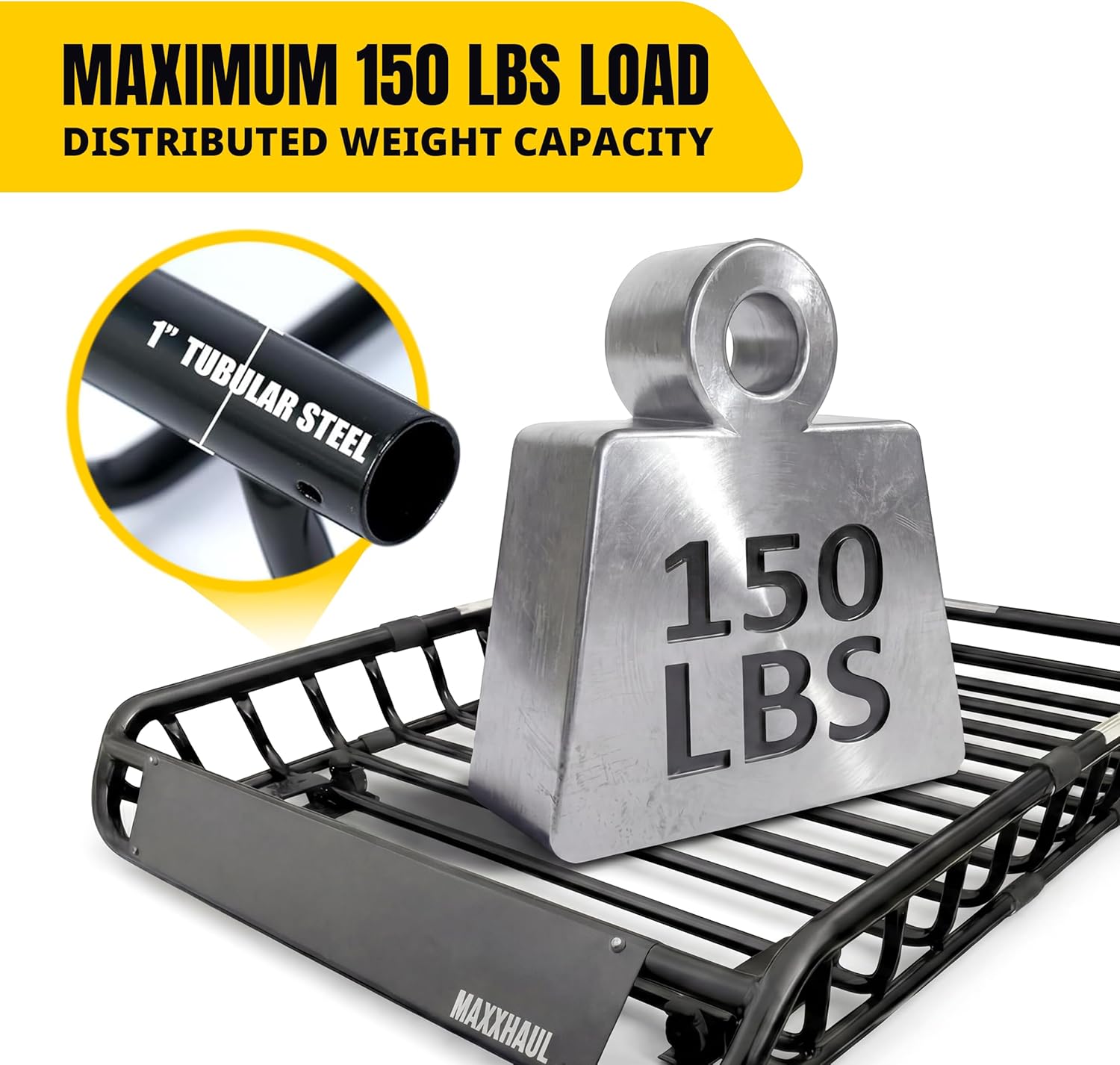 ORANGLES MaxxHaul Steel Roof Rack Cargo Basket 46” x 36” x 4.5” – Universal Roof Top Carrier with 150 lb Capacity for Cars, SUVs, Vans & RVs (70115) - detailed closeup view - Image 3 of 4 | great for travel | Texas | Free Shipping ORANGLES