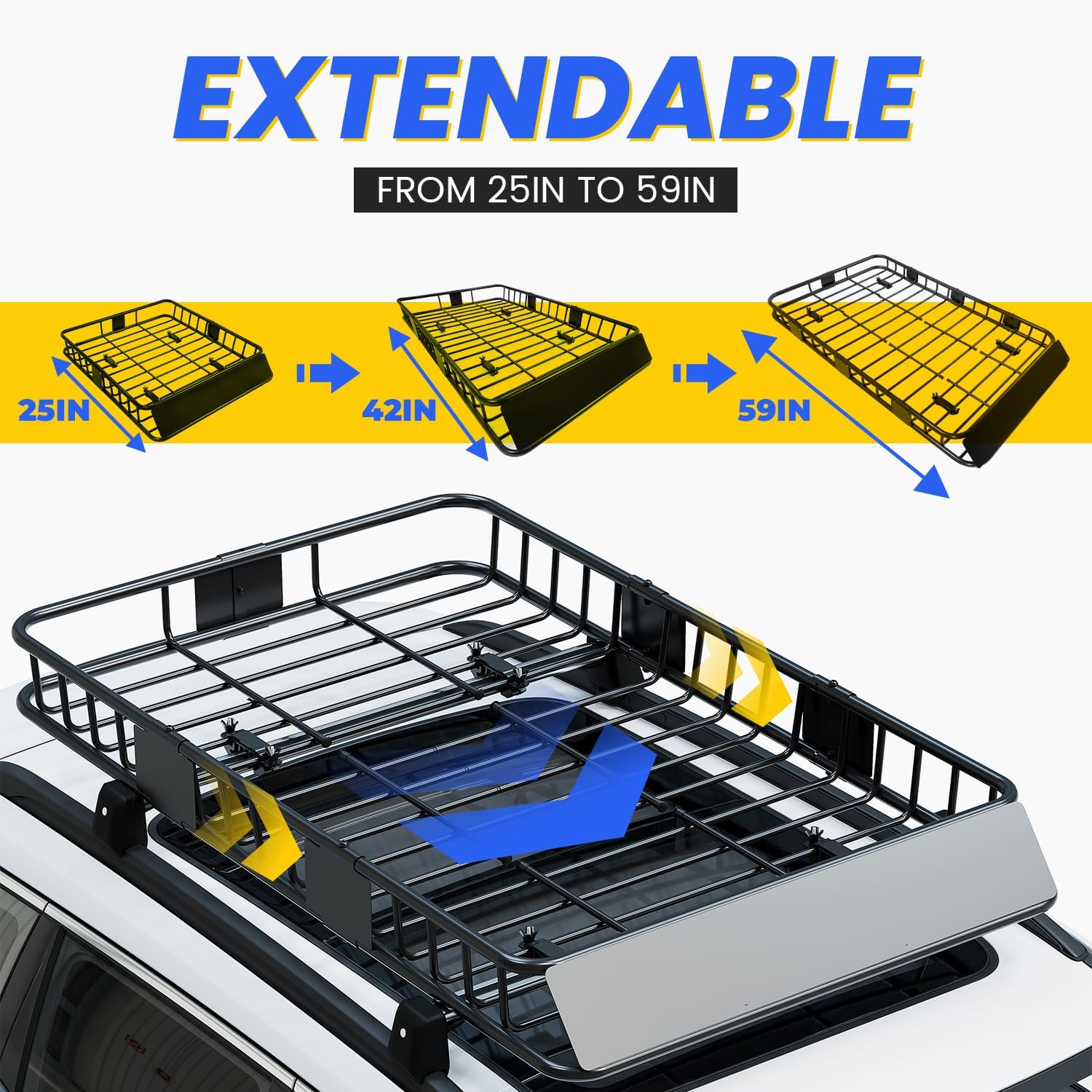 ORANGLES ECOTRIC Universal Adjustable Roof Rack Cargo Carrier Basket 59” x 39” – Heavy Duty Steel Rooftop Luggage Holder with Extension & 250 lbs Capacity - detailed closeup view - Image 3 of 4 | great for travel | Texas | Free Shipping ORANGLES