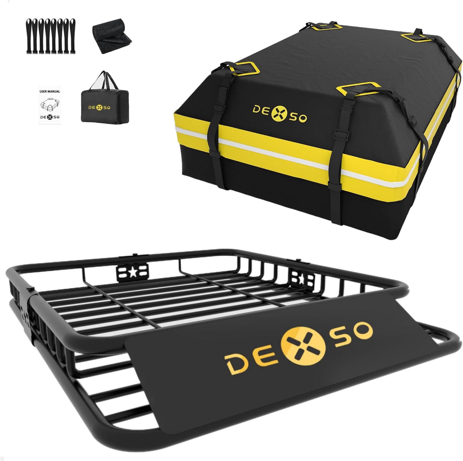 51” x 36” Universal Roof Rack Cargo Basket – 200 lbs Rooftop Carrier with 15 Cubic Feet Waterproof Luggage Bag for SUVs & Trucks