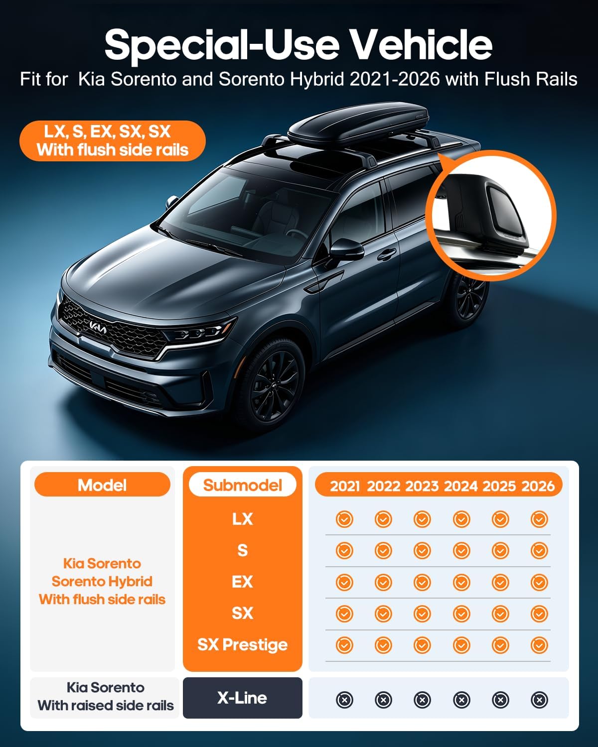 ORANGLES Aluminum Roof Rack Cross Bars for 2021–2026 KIA Sorento & Sorento Hybrid – Aerodynamic Rooftop Cargo Carrier with Anti-Theft Lock (Non X-Line Models) - full product showcase - Image 5 of 5 | suitable for professionals | Florida | Free Shipping ORANGLES