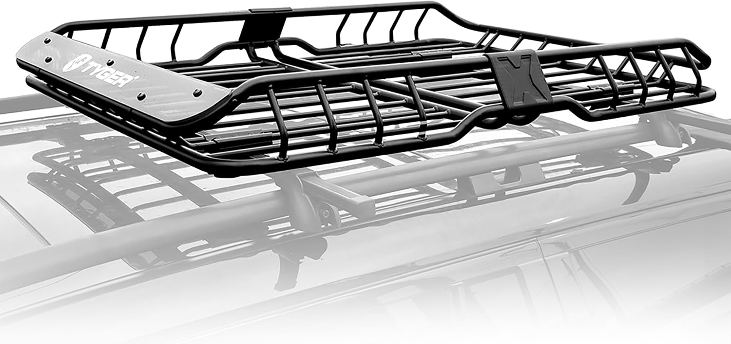 Tyger Auto TG-RK1B942B Heavy Duty Roof Mounted Cargo Basket Rack – 57.5” x 42” x 6” Rooftop Luggage Carrier with Wind Fairing, Black