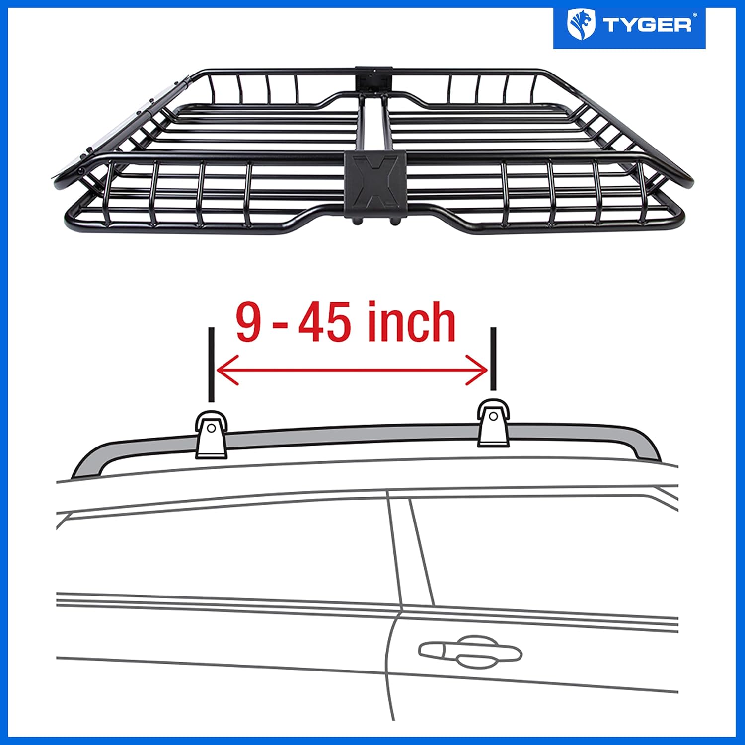 ORANGLES Tyger Auto TG-RK1B942B Heavy Duty Roof Mounted Cargo Basket Rack – 57.5” x 42” x 6” Rooftop Luggage Carrier with Wind Fairing, Black - angled perspective - Image 4 of 4 | excellent for daily use | New York | Free Shipping ORANGLES