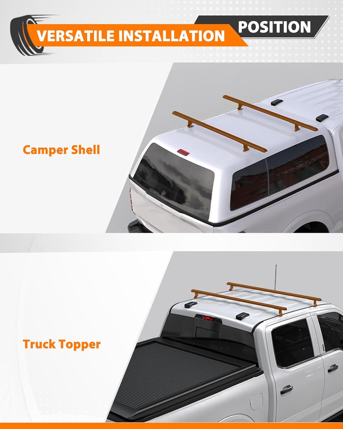 ORANGLES MELIPRON 60” Truck Topper Roof Rack for Pickup Truck Cap – Heavy Duty Aluminum Camper Shell Ladder Rack for Kayak, Canoe & Cargo | 500 lbs Capacity (Drilling Required) - detailed closeup view - Image 3 of 4 | great for travel | Texas | Free Shipping ORANGLES