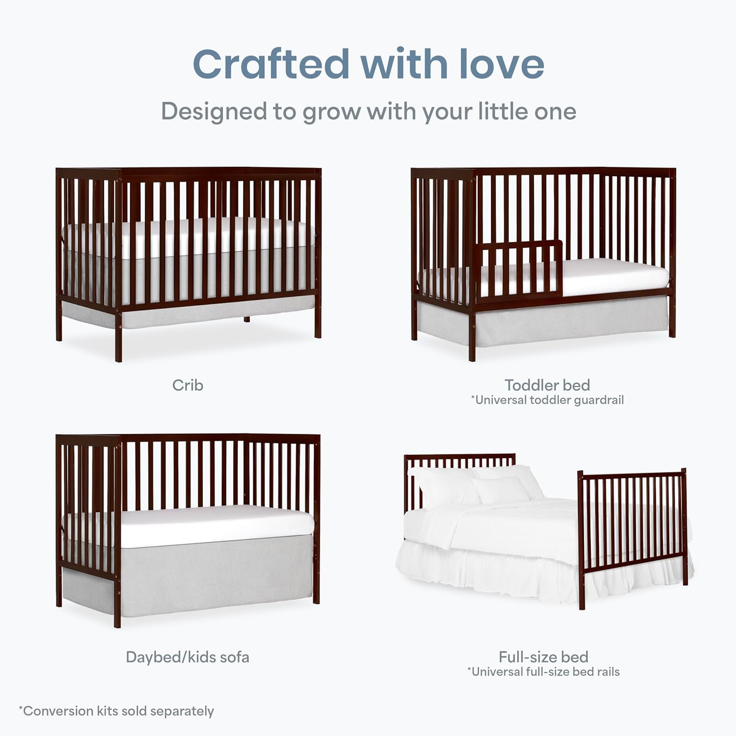 ORANGLES Dream On Me Synergy 5-in-1 Convertible Full-Size Baby Crib – Espresso Sustainable Pinewood Crib with Toddler, Daybed & Full Bed Conversion - detailed closeup view - Image 3 of 5 | great for travel | Texas | Free Shipping ORANGLES