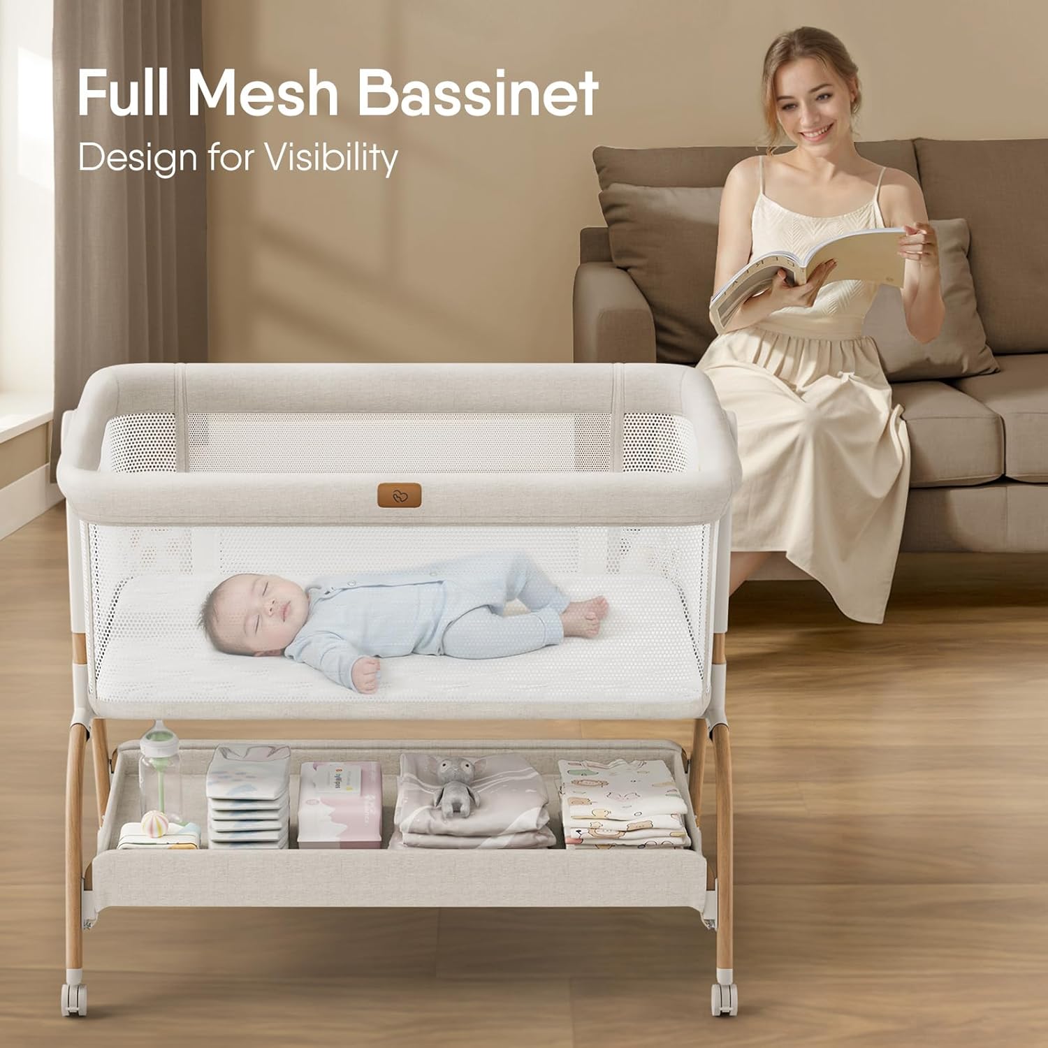 ORANGLES 3-in-1 Baby Bassinet Bedside Sleeper – Adjustable Bedside Crib for Newborns with Mattress, Breathable Mesh Sides & 6 Height Positions - detailed closeup view - Image 3 of 4 | great for travel | Texas | Free Shipping ORANGLES