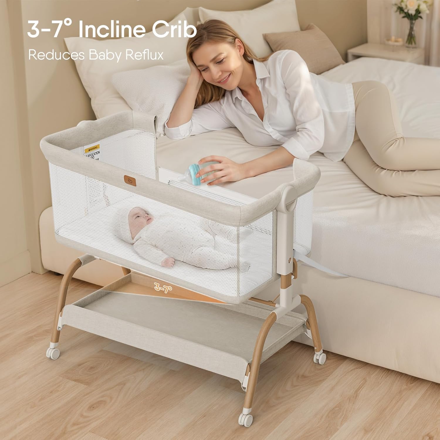 ORANGLES 3-in-1 Baby Bassinet Bedside Sleeper – Adjustable Bedside Crib for Newborns with Mattress, Breathable Mesh Sides & 6 Height Positions - angled perspective - Image 4 of 4 | excellent for daily use | New York | Free Shipping ORANGLES