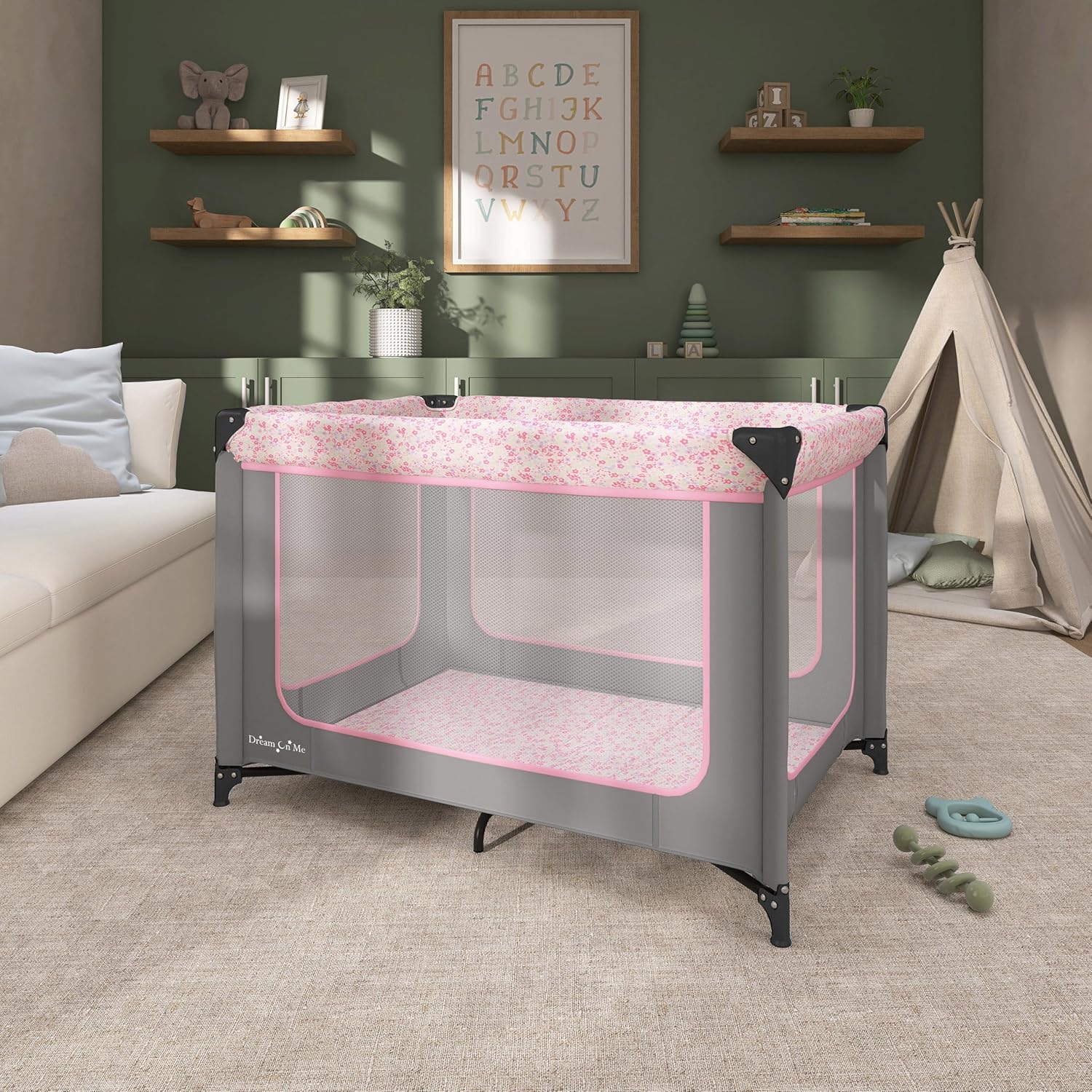 ORANGLES Dream On Me Zodiak Baby Playard – Portable Baby Playpen with Breathable Mesh Sides, Soft Mattress & Travel Carry Bag, Grey & Pink - angled perspective - Image 4 of 4 | excellent for daily use | New York | Free Shipping ORANGLES