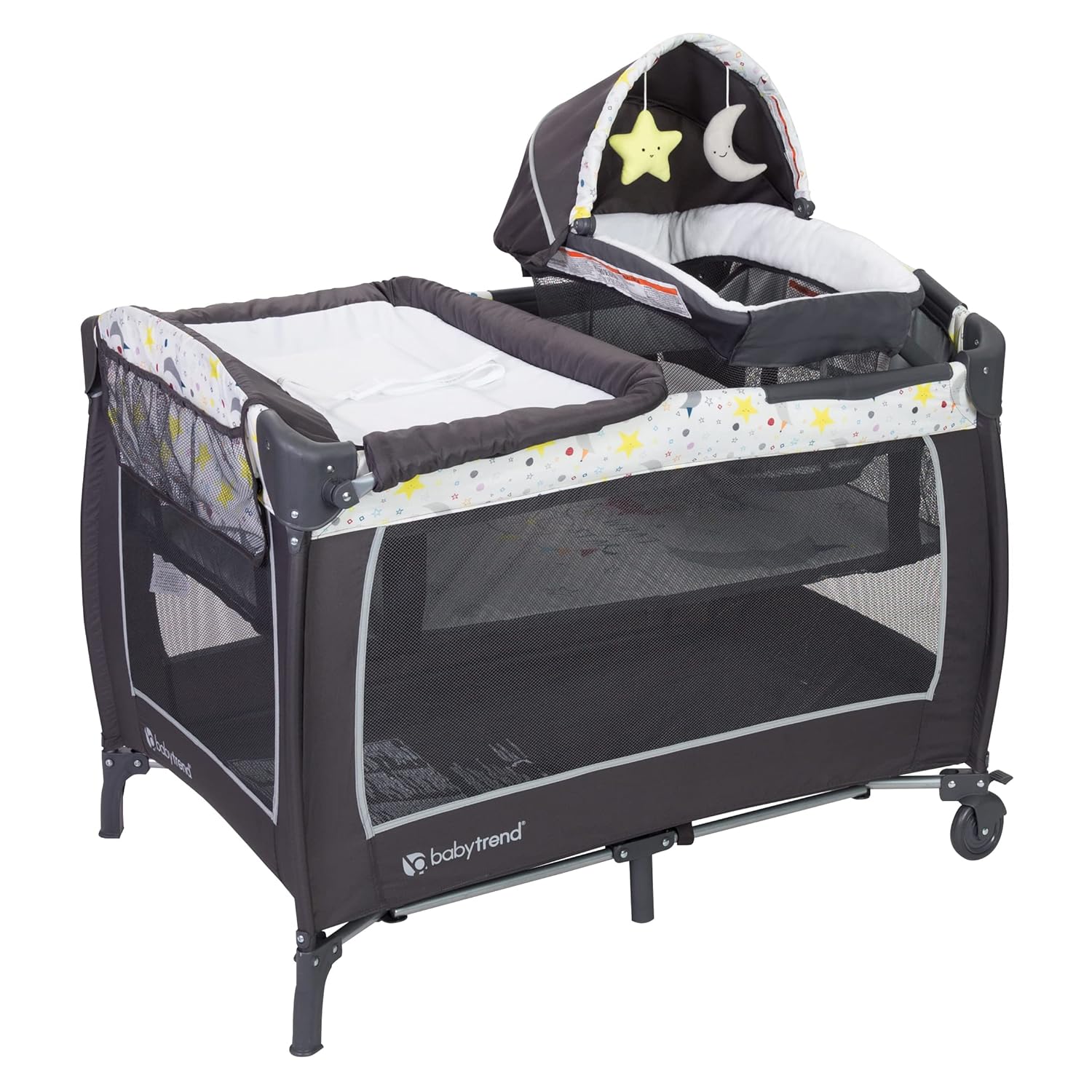 Baby Trend Lil' Snooze Deluxe II Nursery Center – Twinkle Twinkle Little Moon Portable Baby Playard with Bassinet & Changing Station