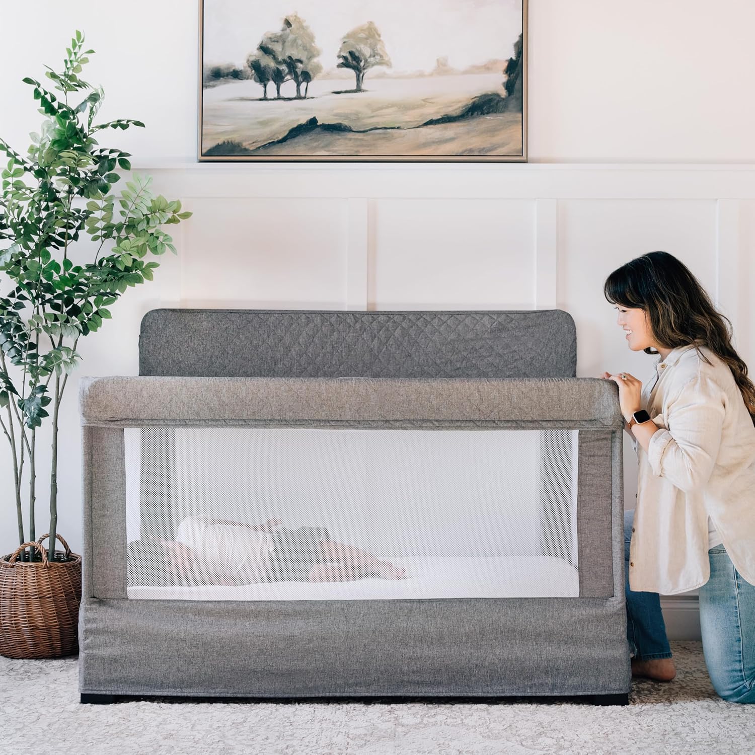 ORANGLES Baby Delight Lunaire Full Size Crib – Breathable Mesh Baby Crib with Tool-Free Assembly & Modern Charcoal Tweed Design - high resolution display - Image 2 of 5 | perfect for office | California | Free Shipping ORANGLES