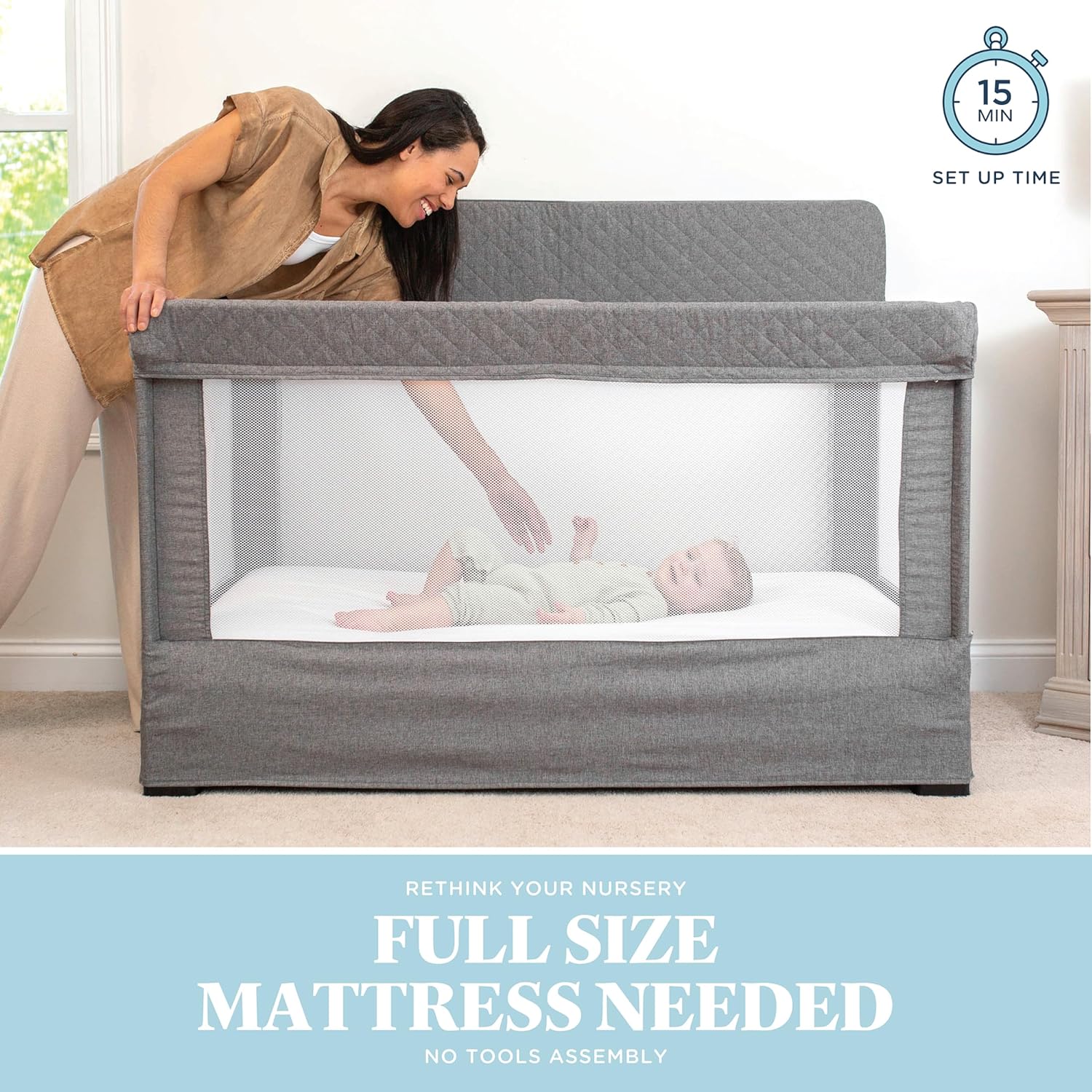 ORANGLES Baby Delight Lunaire Full Size Crib – Breathable Mesh Baby Crib with Tool-Free Assembly & Modern Charcoal Tweed Design - detailed closeup view - Image 3 of 5 | great for travel | Texas | Free Shipping ORANGLES