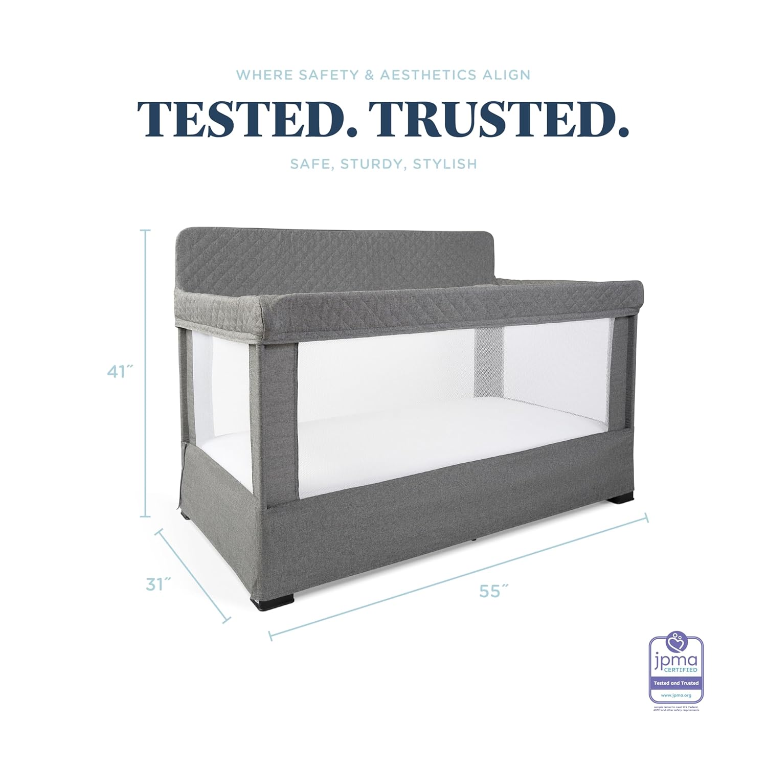 ORANGLES Baby Delight Lunaire Full Size Crib – Breathable Mesh Baby Crib with Tool-Free Assembly & Modern Charcoal Tweed Design - angled perspective - Image 4 of 5 | excellent for daily use | New York | Free Shipping ORANGLES