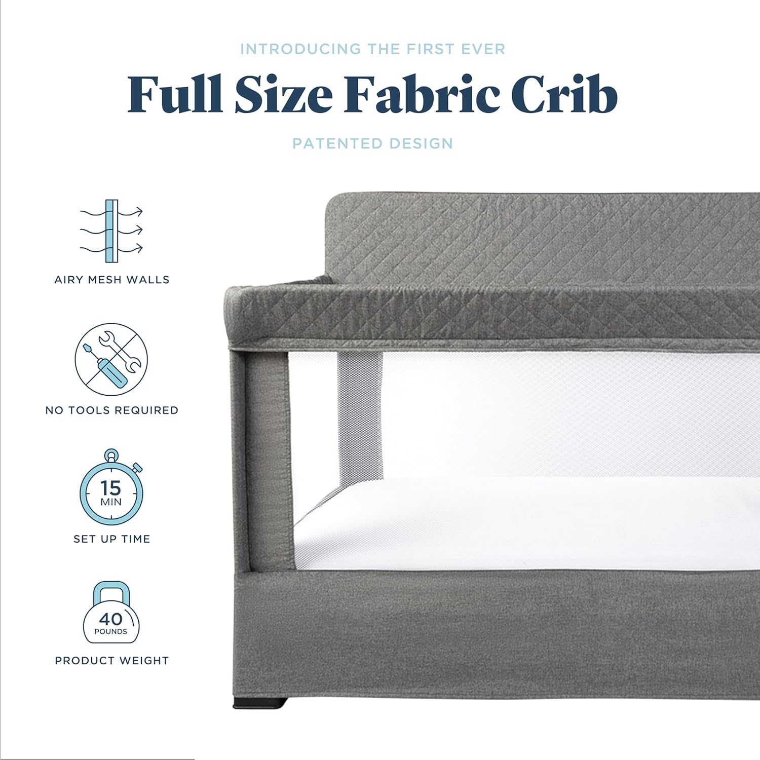 ORANGLES Baby Delight Lunaire Full Size Crib – Breathable Mesh Baby Crib with Tool-Free Assembly & Modern Charcoal Tweed Design - full product showcase - Image 5 of 5 | suitable for professionals | Florida | Free Shipping ORANGLES