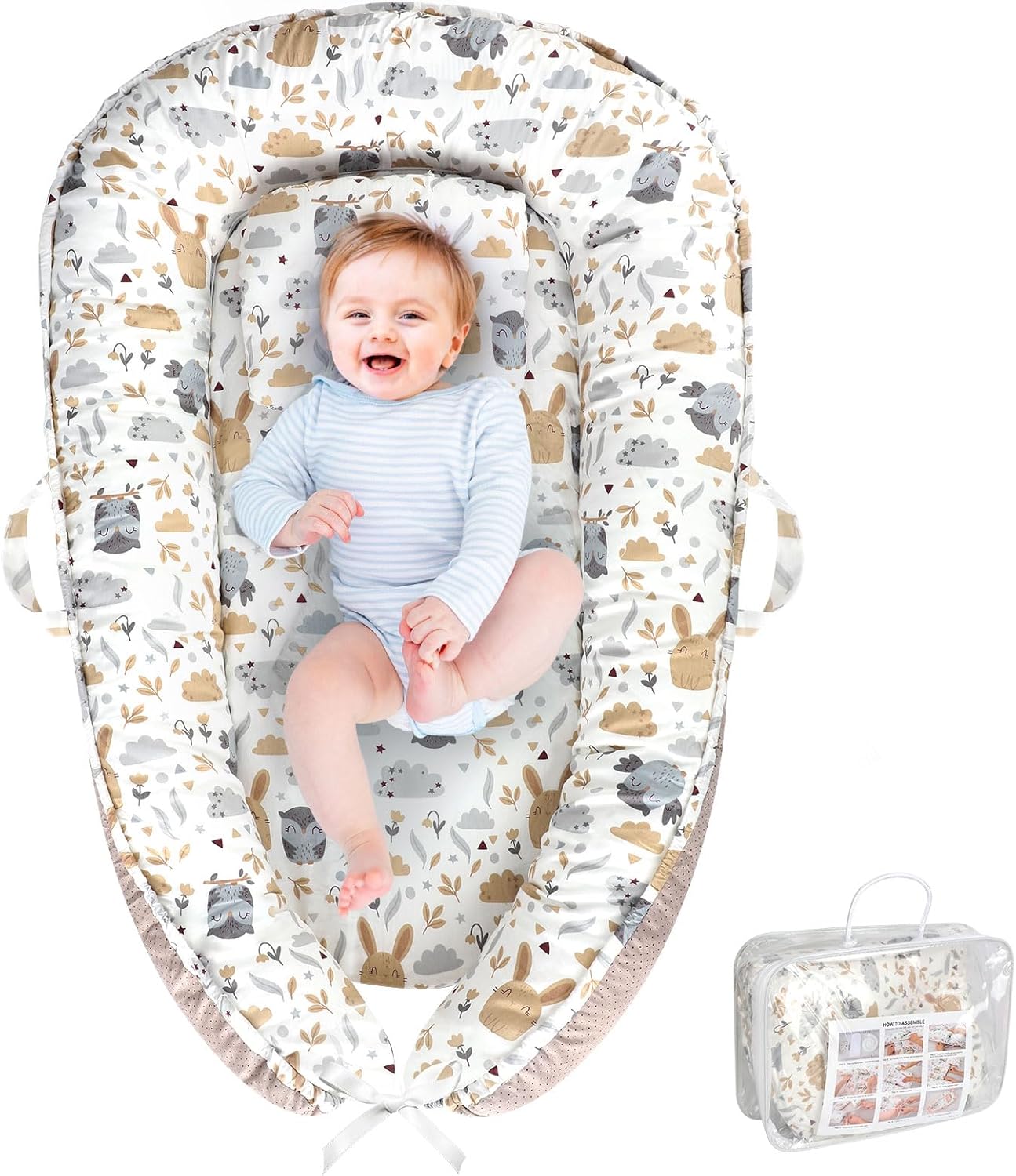 Portable Baby Lounger for Newborns 0–24 Months – Infant Nest for Travel, Floor Time & Crib Use, Soft Baby Lounger Essentials (Hoot)