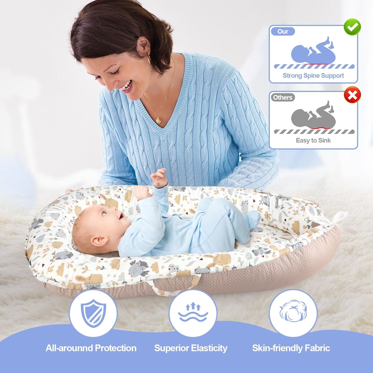 ORANGLES Portable Baby Lounger for Newborns 0–24 Months – Infant Nest for Travel, Floor Time & Crib Use, Soft Baby Lounger Essentials (Hoot) - high resolution display - Image 2 of 4 | perfect for office | California | Free Shipping ORANGLES