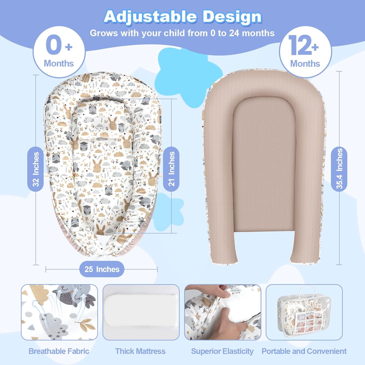ORANGLES Portable Baby Lounger for Newborns 0–24 Months – Infant Nest for Travel, Floor Time & Crib Use, Soft Baby Lounger Essentials (Hoot) - detailed closeup view - Image 3 of 4 | great for travel | Texas | Free Shipping ORANGLES