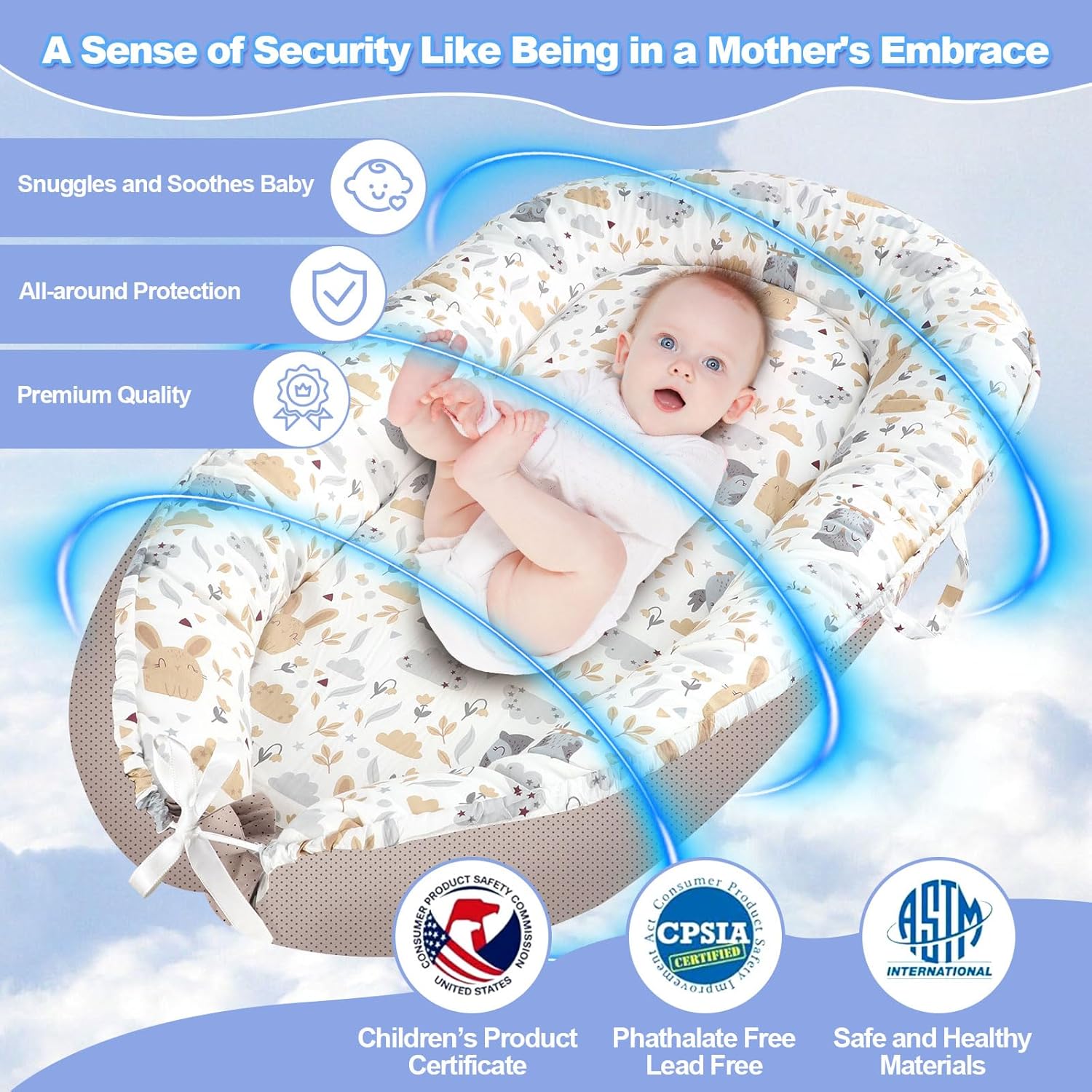 ORANGLES Portable Baby Lounger for Newborns 0–24 Months – Infant Nest for Travel, Floor Time & Crib Use, Soft Baby Lounger Essentials (Hoot) - angled perspective - Image 4 of 4 | excellent for daily use | New York | Free Shipping ORANGLES