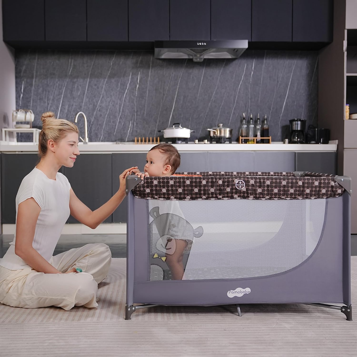 ORANGLES Pamo Babe Compact Pack and Play – Portable Baby Crib & Lightweight Foldable Travel Playard with Mattress Pad & Carry Bag - detailed closeup view - Image 3 of 4 | great for travel | Texas | Free Shipping ORANGLES