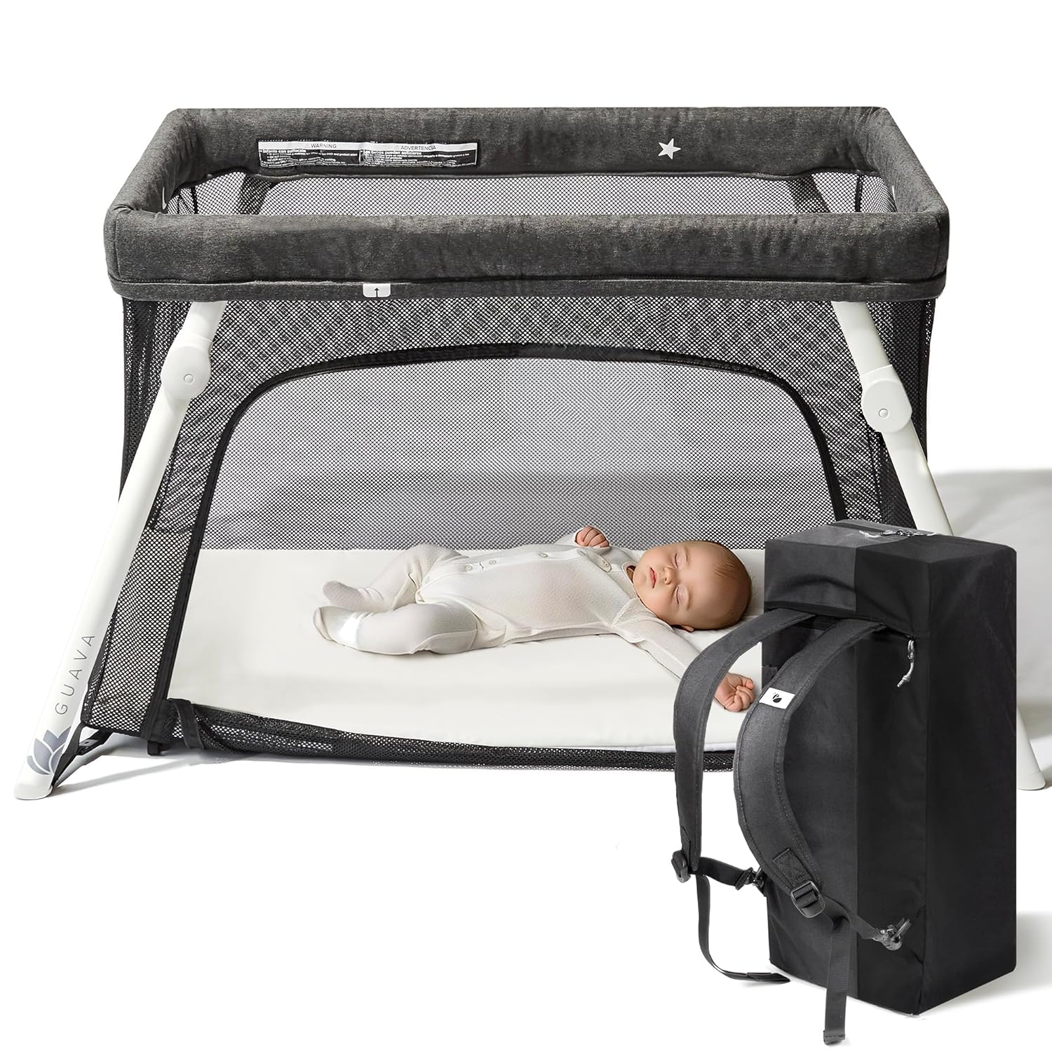 Guava Family Portable Travel Crib with Lightweight Backpack Design – Compact Folding Baby Play Yard & Travel Bed with Comfortable Mattress