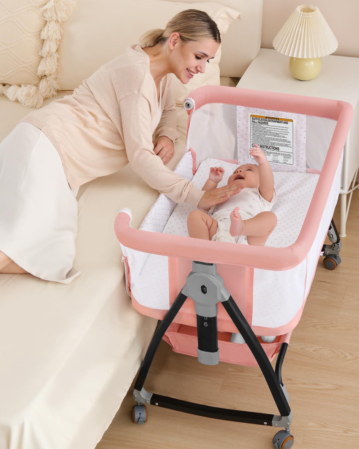 3-in-1 Bedside Bassinet for Baby – Breathable Mesh Bassinet Bedside Sleeper with Wheels, Mosquito Net & Storage Basket for Newborns