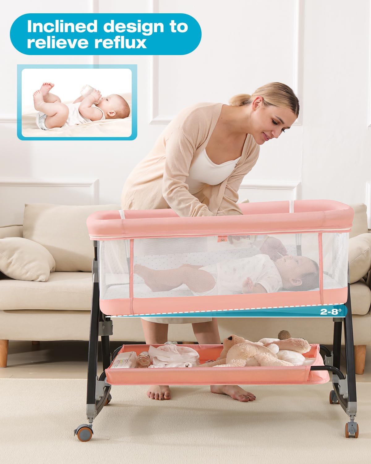 ORANGLES 3-in-1 Bedside Bassinet for Baby – Breathable Mesh Bassinet Bedside Sleeper with Wheels, Mosquito Net & Storage Basket for Newborns - detailed closeup view - Image 3 of 4 | great for travel | Texas | Free Shipping ORANGLES