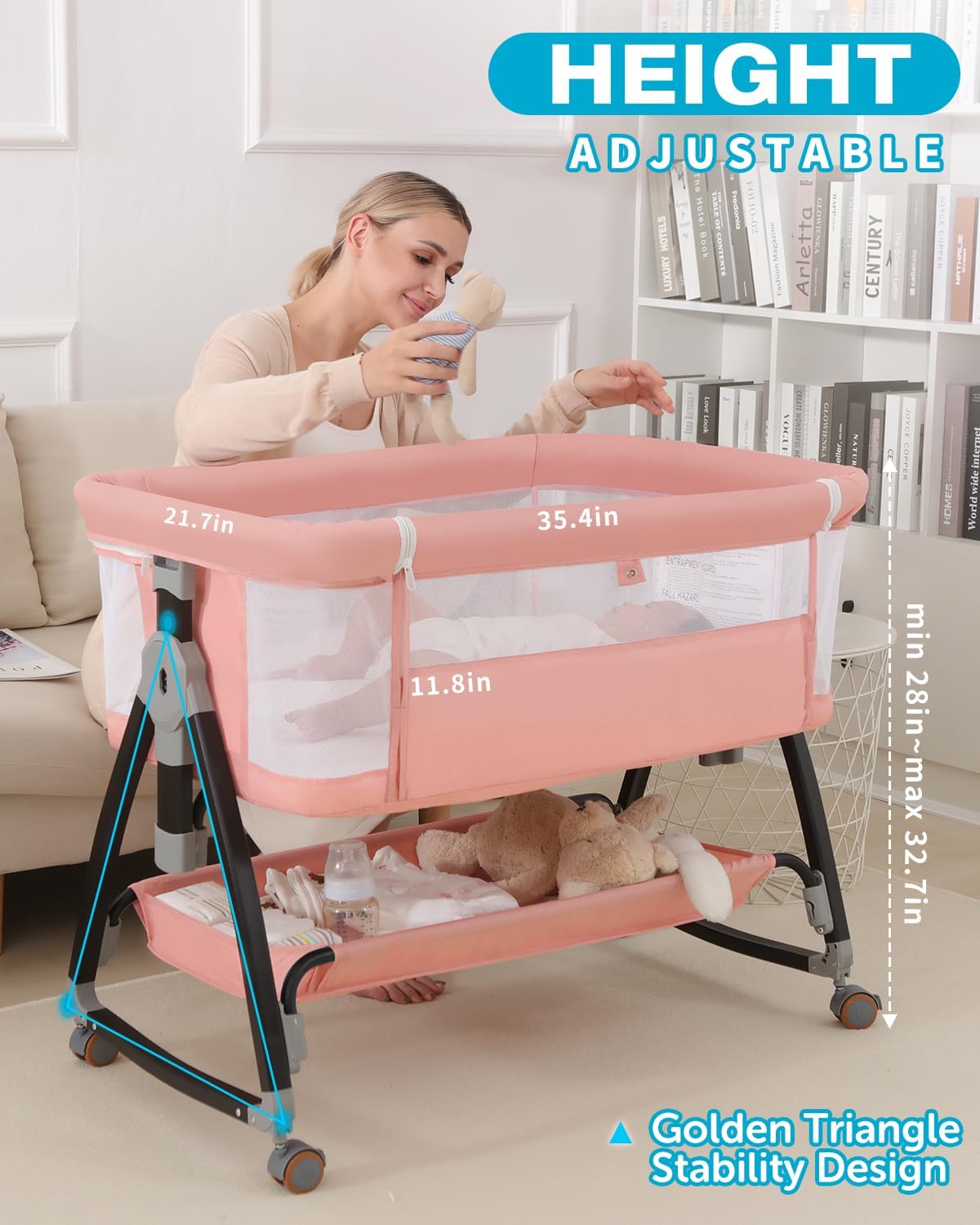 ORANGLES 3-in-1 Bedside Bassinet for Baby – Breathable Mesh Bassinet Bedside Sleeper with Wheels, Mosquito Net & Storage Basket for Newborns - angled perspective - Image 4 of 4 | excellent for daily use | New York | Free Shipping ORANGLES